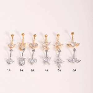 Set of 6 zircon belly rings with owl butterfly and heart designs in gold and silver