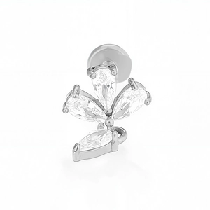 Detailed close-up of 316L stainless steel labret stud with four pear-cut zircon petals