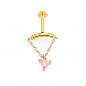 Detail of 316L gold stainless steel labret stud with dangling crystal triangle pendant