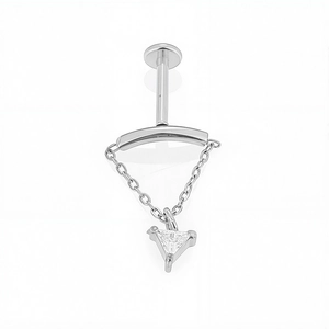 Close-up of 316L stainless steel labret with silver chain and triangular zircon pendant