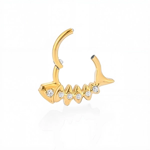Titanium gold fishbone septum clicker ring with sparkling zircon stones for body piercing