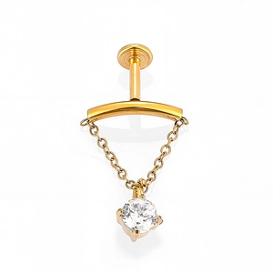 Macro view of 316L stainless steel lip stud with dangling chain and sparkling cubic zirconia