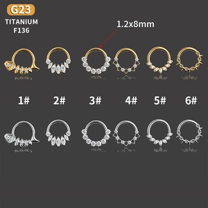 Titanium G23 hinged rings set with zircon in gold and silver, 1.2x8mm piercing jewelry