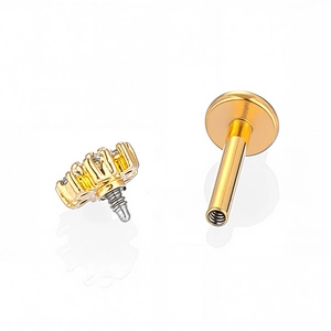 Golden flower labret stud with 316L stainless steel bar and cubic zirconia inlays