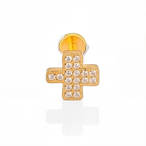 Detailopname van G23 titanium gouden kruis oorknopje met ingelegde witte zirkonia steentjes