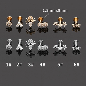 Set of 12 316L stainless steel labret studs with zircon spider and flower designs