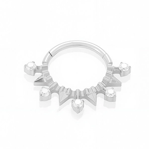 Macro view of G23 titanium clicker ring featuring five zircons and sharp gothic spikes