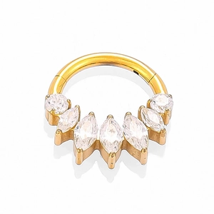 Titanium gold clicker ring with marquise and round cubic zirconia for nose or ear