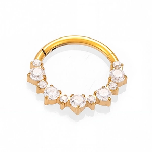 G23 titanium gold clicker ring with nine fan-shaped sparkling zircons for septum or ear