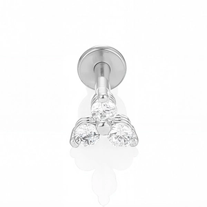 Detailed view of silver flat back stud with three round clear zircon stones in a cluster