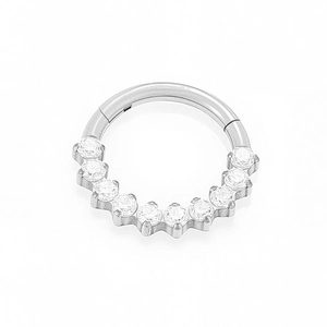 Close-up of G23 titanium clicker ring with 11 sparkling round-cut zircon stones