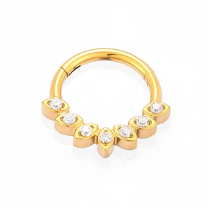 Titanium gold clicker hoop with seven sparkling zircons for nose or cartilage piercing