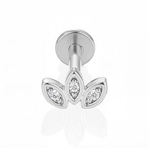 Detail view of 316L stainless steel labret stud with marquise zircon flower cluster