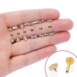316L Stainless Steel Internally Threaded Labret Stud Earring Copper Zirconia Inlaid Spider Flower Flat Back Piercing Jewelry