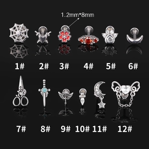 Set mit 12 Punk-Style 316L Edelstahl Labret Steckern mit diversen Gothic Charms