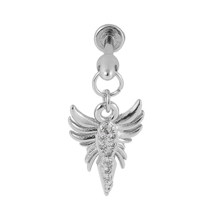 Macro view of 316L stainless steel labret stud with crystal winged conical pendant