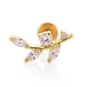 Clou d'oreille branche dorée avec zircons marquise en feuille et base plate vissée