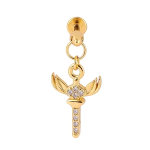 Macro shot of 316L gold stainless steel wing scepter piercing with white zircon inlays