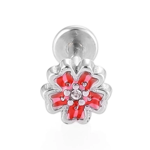 Detailansicht eines Labret-Steckers mit roter Emaille-Blume und klarem Zirkonia-Stein