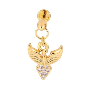 Close-up of golden 316L stainless steel lip ring with zircon-studded wing pendant detail