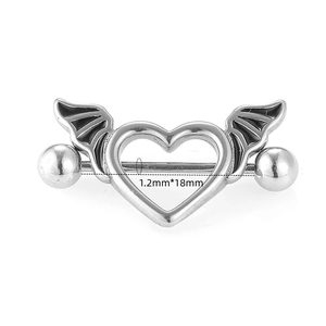 Detail view of 316L stainless steel bat heart nipple ring with 1.2mm by 18mm size markings