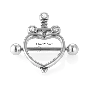 Detailed view of 316L steel heart nipple ring with clear zircons and 1.2mm gauge sizing