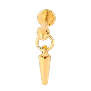 Macro view of golden snake head stud earring with a hanging conical spike pendant