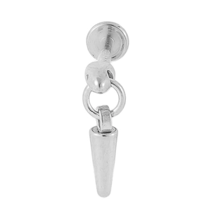Detail of 316L stainless steel labret stud with cone pendant and punk style finish