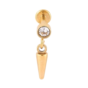 Detail view of 316L stainless steel gold labret stud with crystal and cone pendant