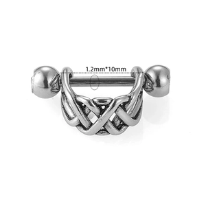 Detailed view of vintage silver 316L stainless steel nipple shield with knot design