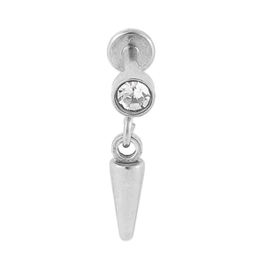Macro detail of 316L stainless steel labret with clear zircon and cone spike pendant