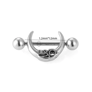 Detail view of 316L stainless steel moon nipple ring with 1.2mm by 12mm sizing info