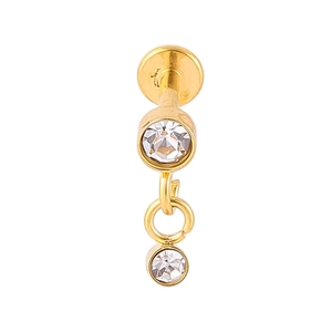 Detailed macro of gold plated flat base labret stud with dangling crystal pendant
