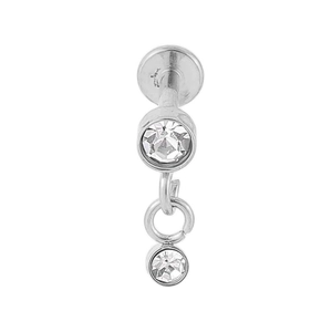Detail of 316L stainless steel labret stud with dangling white cubic zirconia charms