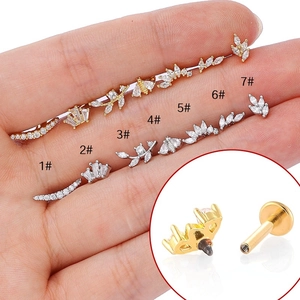 Piercing de Lèvre Labret Filetage Interne Acier Inoxydable Cuivre Zircon Couronne Abeille Stud de Cartilage Femme Homme Bijoux