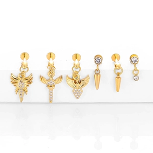 Set of six gold-plated 316L stainless steel labret studs featuring wing and cone charms