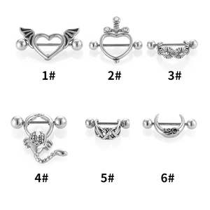 316L stainless steel nipple rings set featuring heart, scorpion and moon designs