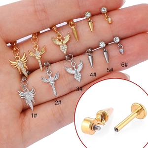 Stainless Steel Internal Thread Lip Ring Angel Wing Cone Pendant Labret Stud Piercing Jewelry Zirconia Body Jewelry