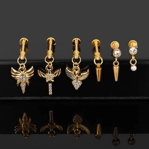 Detail of 6pcs gold-plated 316L steel piercing set with eagle charms and zircon studs