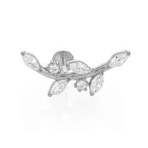 Macro view of leaf shape stainless steel piercing stud with marquise cut cubic zirconia