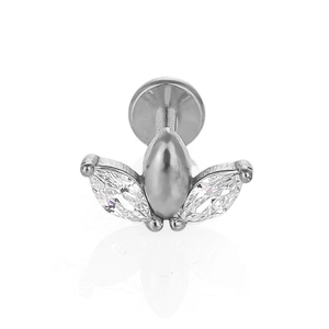 Detailed view of leaf crown piercing stud with opal bead and marquise cubic zirconia crystals