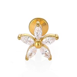 Gold stainless steel leaf crown stud with marquise-cut zircons and flat back for piercings