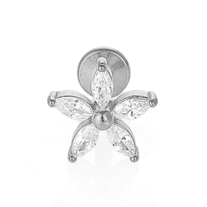 Detailed close-up of marquise-cut zircon flower labret stud with a flat back design