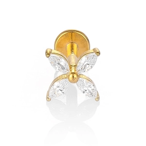 Detail of a gold butterfly labret stud with marquise-cut cubic zirconia inlays