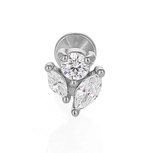 Detailed view of silver stainless steel labret stud with a clear zircon leaf cluster