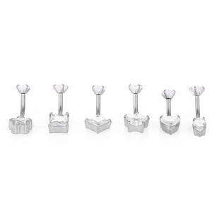 Detailed set of six 316L stainless steel navel rings with various zircon stone shapes