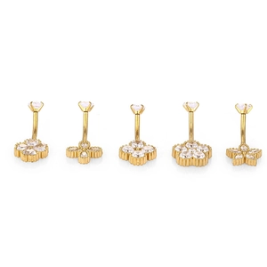 Lot de 5 piercings de nombril en acier 316L doré avec pendentifs fleurs et zircons