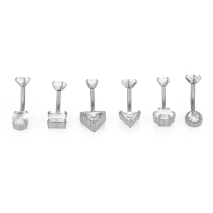 Lot de 6 piercings de nombril en acier avec des zircons cubiques de formes diverses