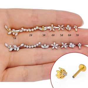 Stainless Steel Zirconia Labret Stud Piercing Jewelry Crown Leaf Flower Ear Cartilage Ring Lip Nail For Women Men