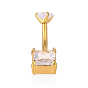 Detail of 316L stainless steel navel ring with gold plating and square cubic zirconia